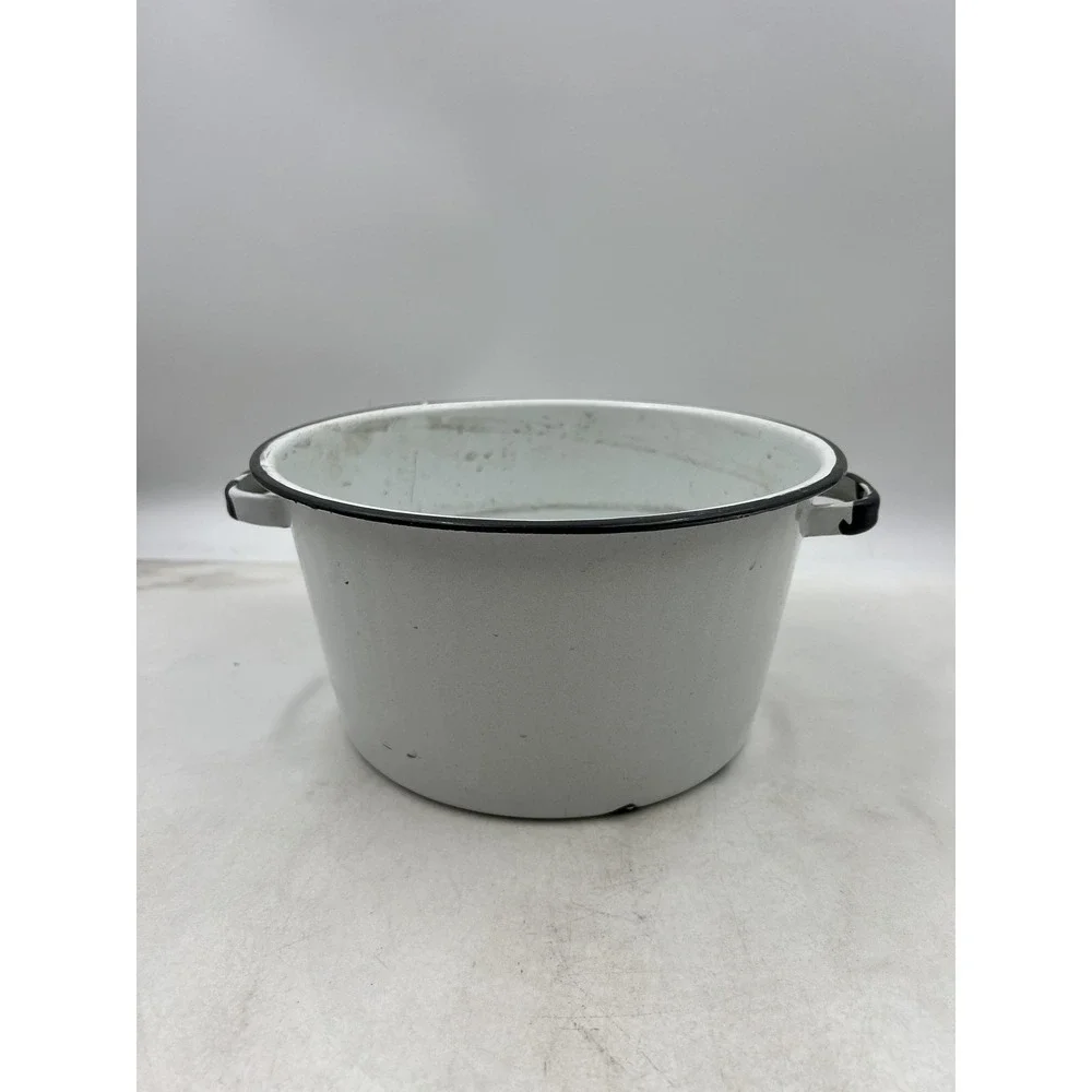 Vintage White Enamelware Stock Pot Black Trim Farmhouse Kitchenware 10 Inch